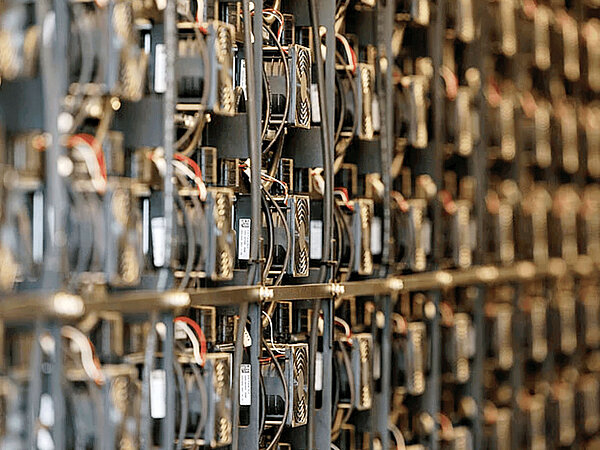 A Battery energy storage from inside. You can see all the fans needed for the cooling. 